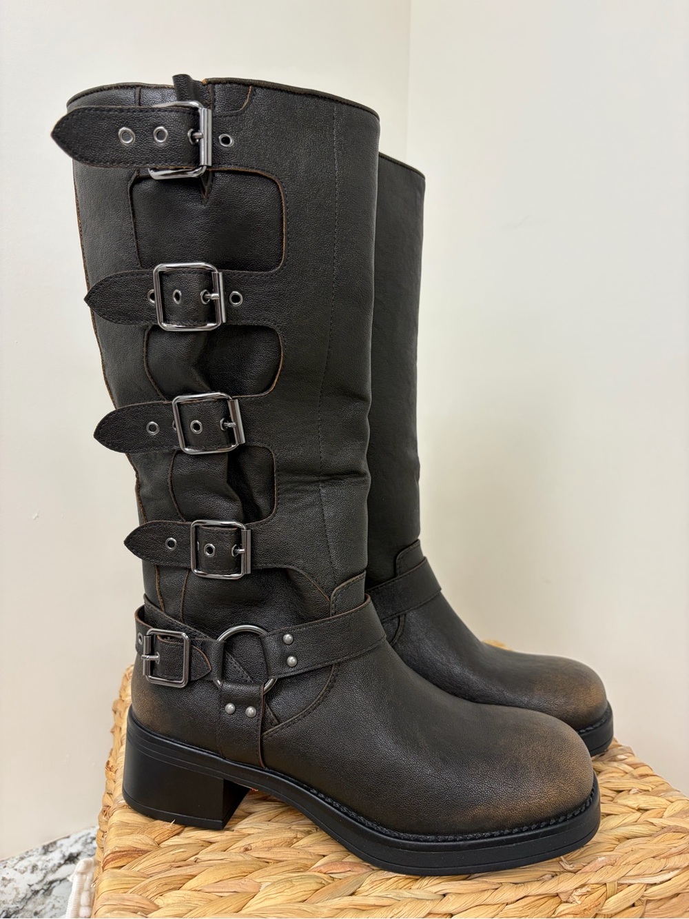 Steve Madden Black Mid-Calf Buckle Combat Boots